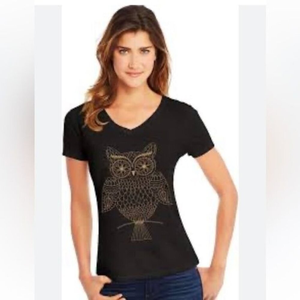 Black V-Neck Owl Print Womens Plus Size T-Shirt 16W Just My Size Soft Cotton Ble